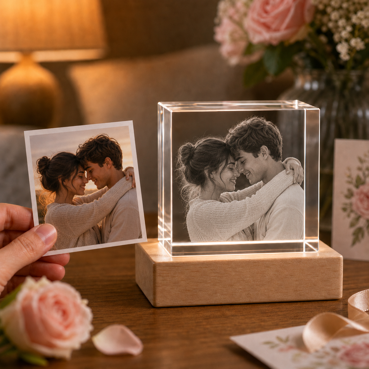Personalized 3D crystal anniversary cube with couple portrait transformed into 4K laser inner engraving