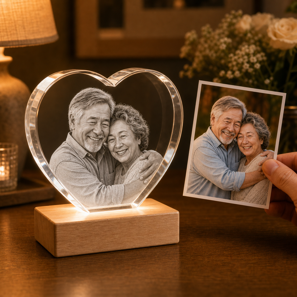 Personalized 3D crystal anniversary heart classic edge gift with matching couple photo transformed into 4K laser inner engraving