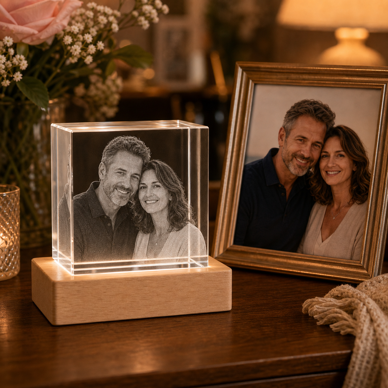 Personalized 3D crystal anniversary cube displayed on light wood LED base with matching framed anniversary photo