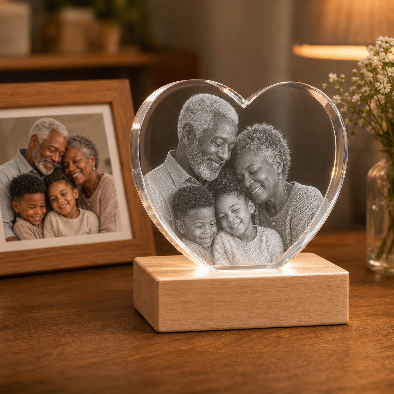 Personalized 3D crystal family photo gift heart classic edge displayed on light wood LED base with matching framed family photo