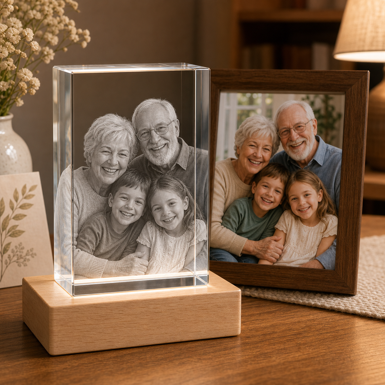 Personalized 3D crystal family photo gift rectangle displayed on light wood LED base with matching framed family photo