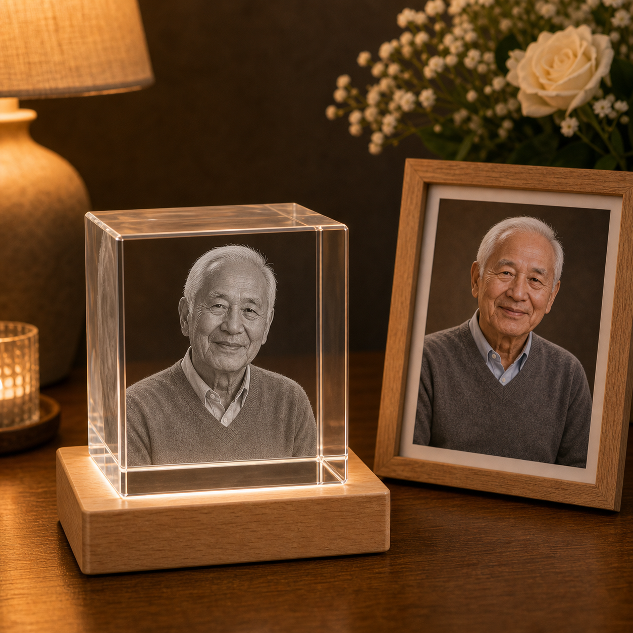 Personalized 3D crystal In Loving Memory cube displayed on light wood LED base with matching framed memorial photo