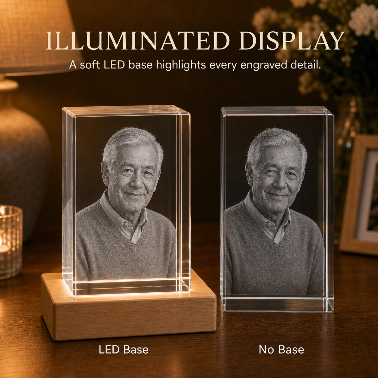 LED base comparison for personalized 3D crystal In Loving Memory rectangle showing brighter engraved detail