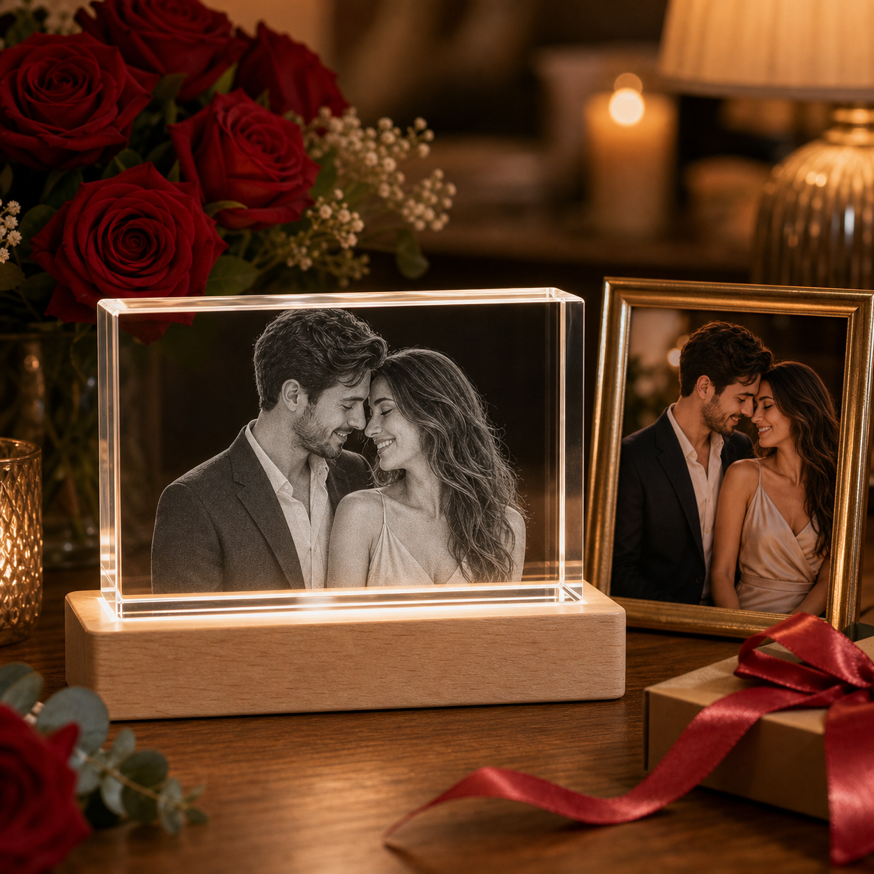 Personalized 3D crystal anniversary rectangle with anniversary couple portrait laser engraved inside crystal