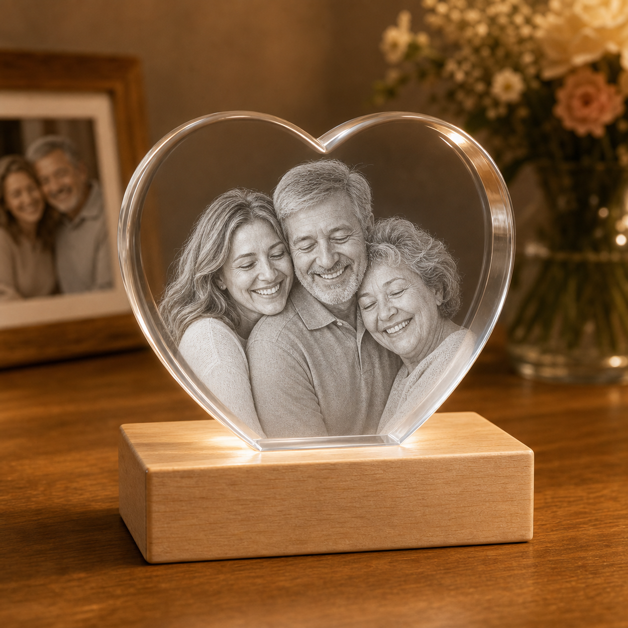 Personalized 3D crystal family photo gift heart classic edge with multi-generation family portrait laser engraved inside crystal