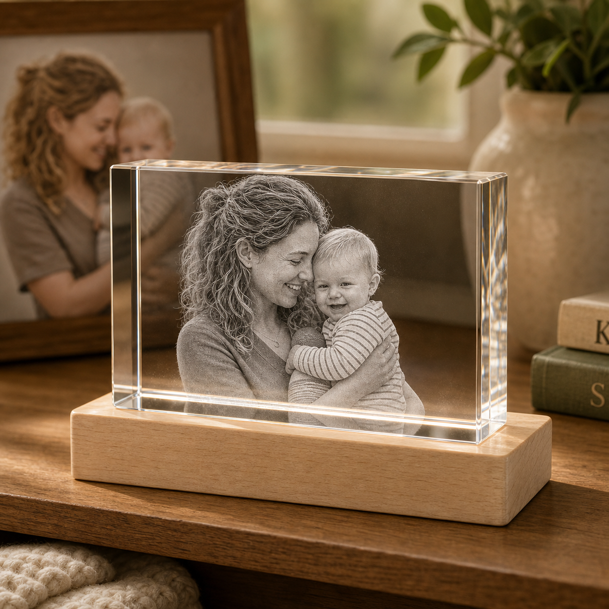 Personalized 3D crystal family photo gift rectangle with parent and baby portrait laser engraved inside crystal