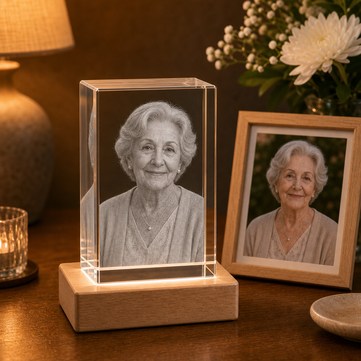 Personalized 3D crystal In Loving Memory rectangle with remembrance portrait laser engraved inside crystal