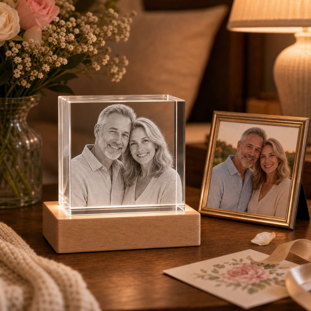 Personalized 3D crystal anniversary cube for a warm romantic bedside display