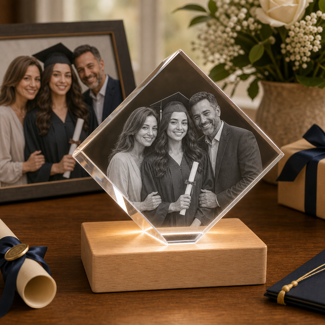 Personalized 3D crystal family photo gift diamond for family graduation and milestone memories