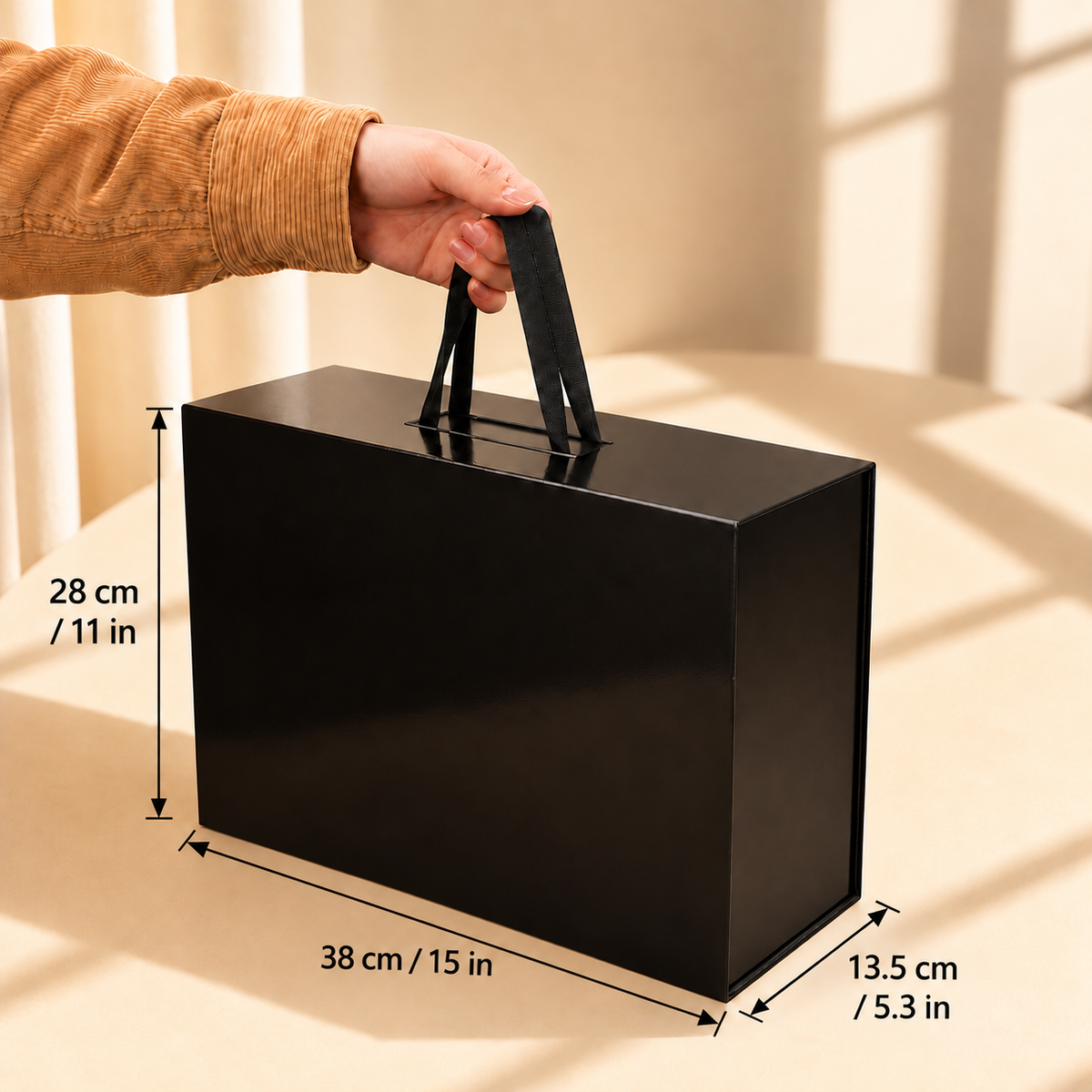 Large black folding gift box with handle, 38 × 28 × 13.5 cm (15 × 11 × 5.3 in)