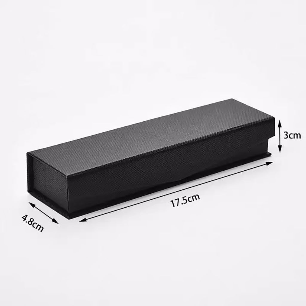 Black magnetic pen box with dimensions shown