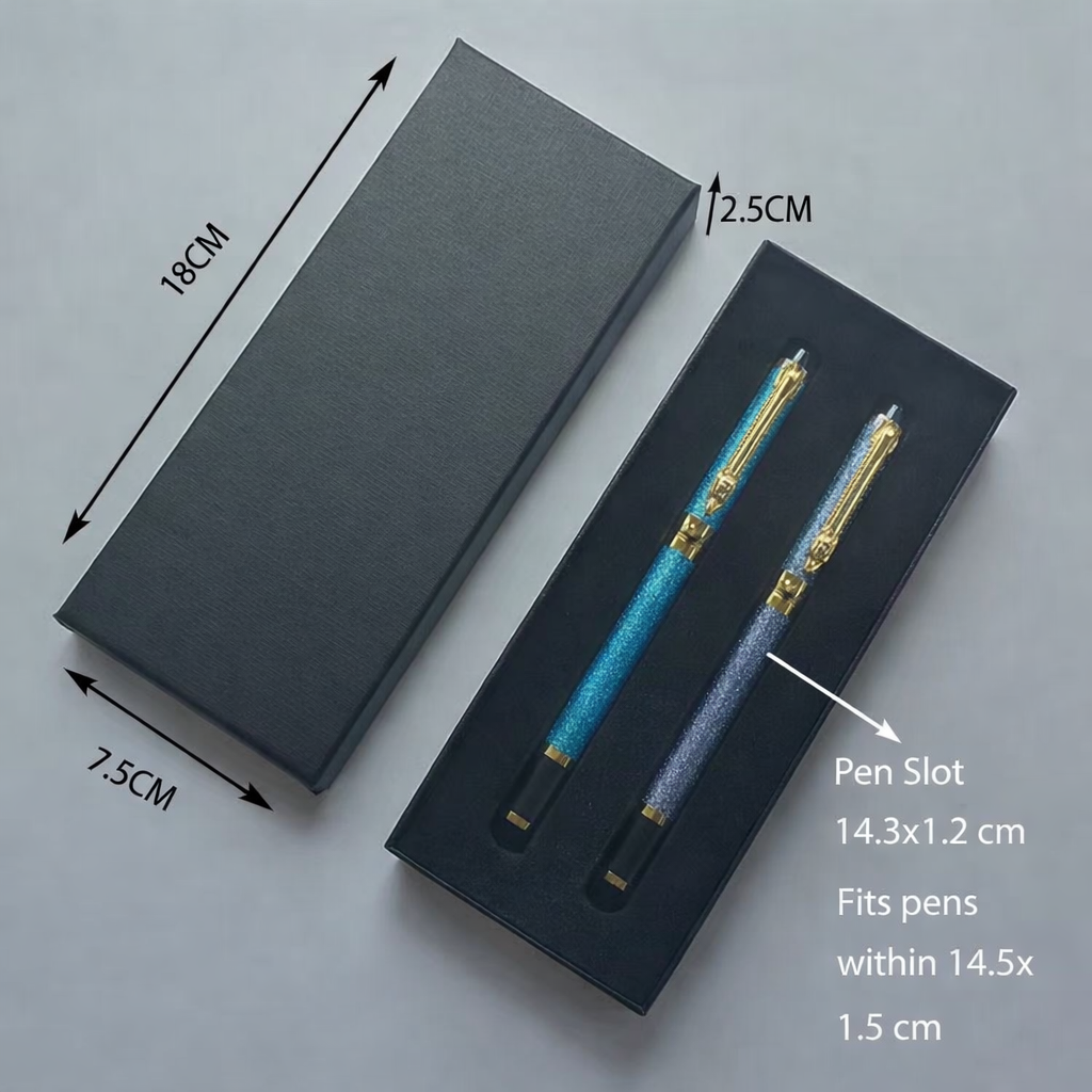 Black pen box with dimensions and two pen slots
