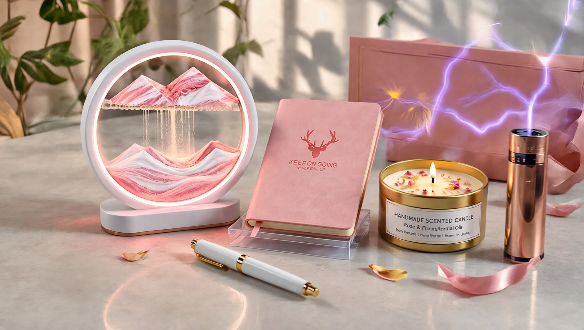 A beautiful blush pink self-care gift set curated for women, elegantly styled on a cozy white fleece blanket under soft morning sunlight, showcasing a pastel pink journal and gold-accented accessories.