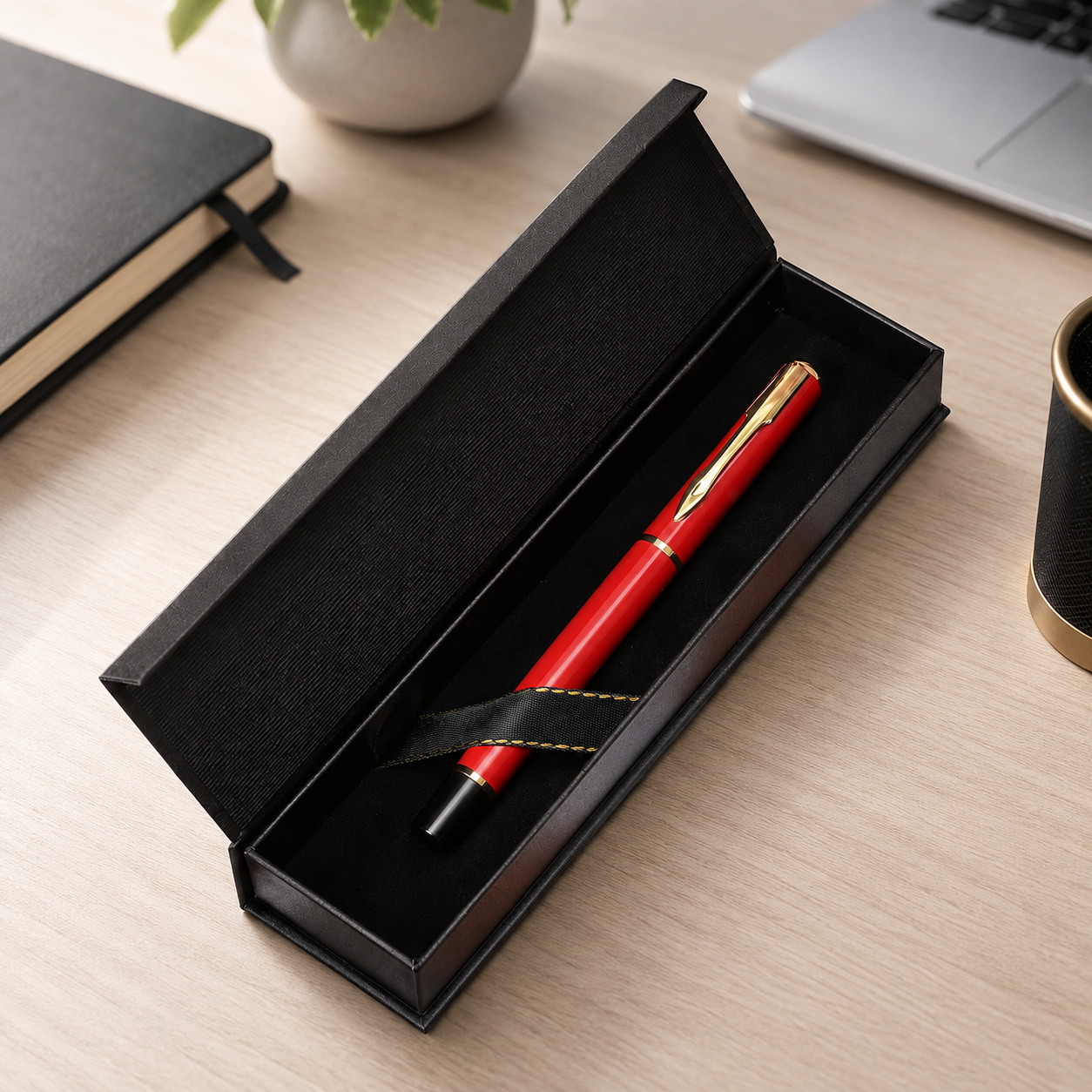 Open black magnetic pen gift box holding a red fountain pen
