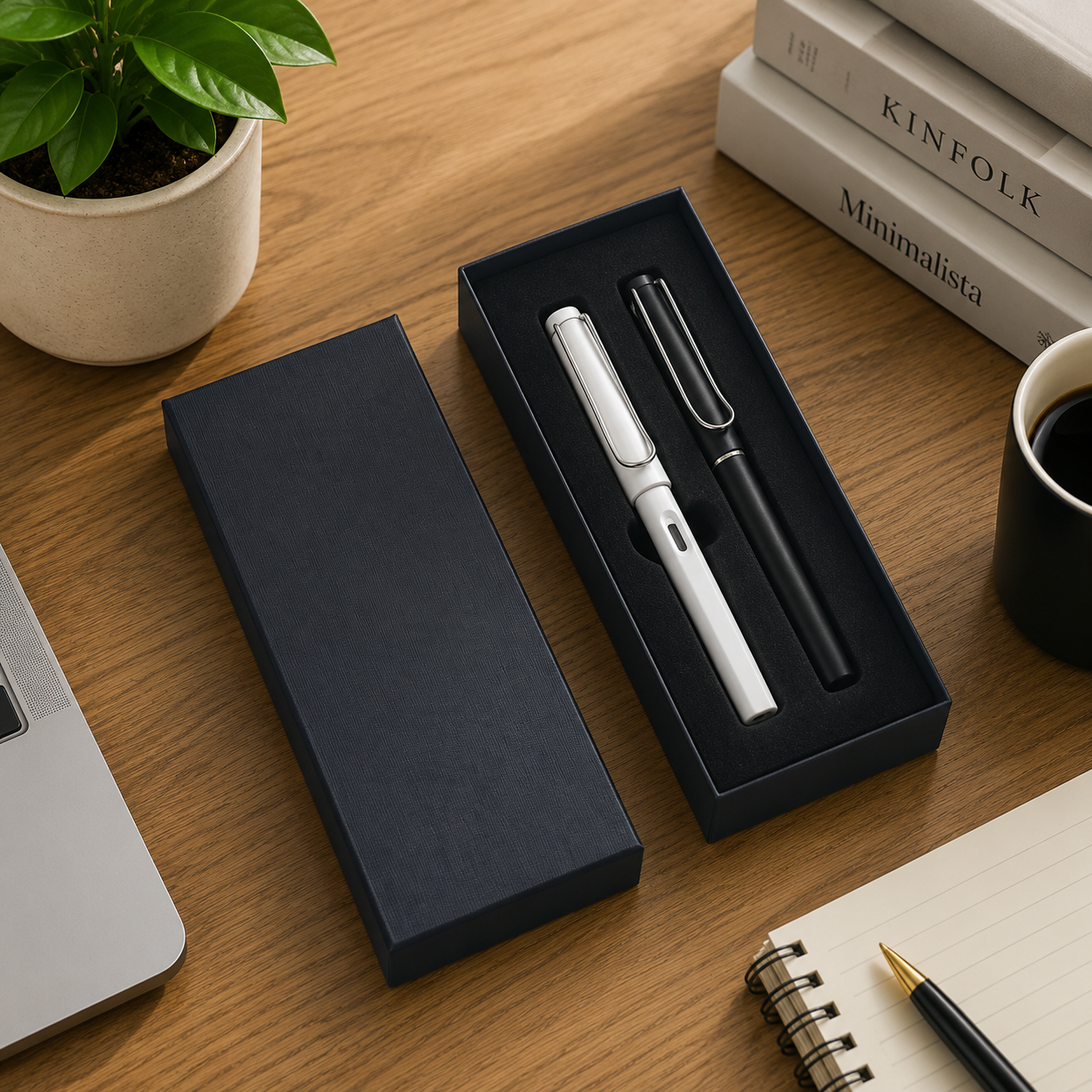 Black double pen gift box displaying white and black pens