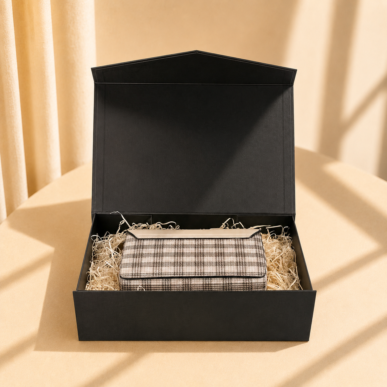 Open black magnetic gift box with shredded paper filler and wallet