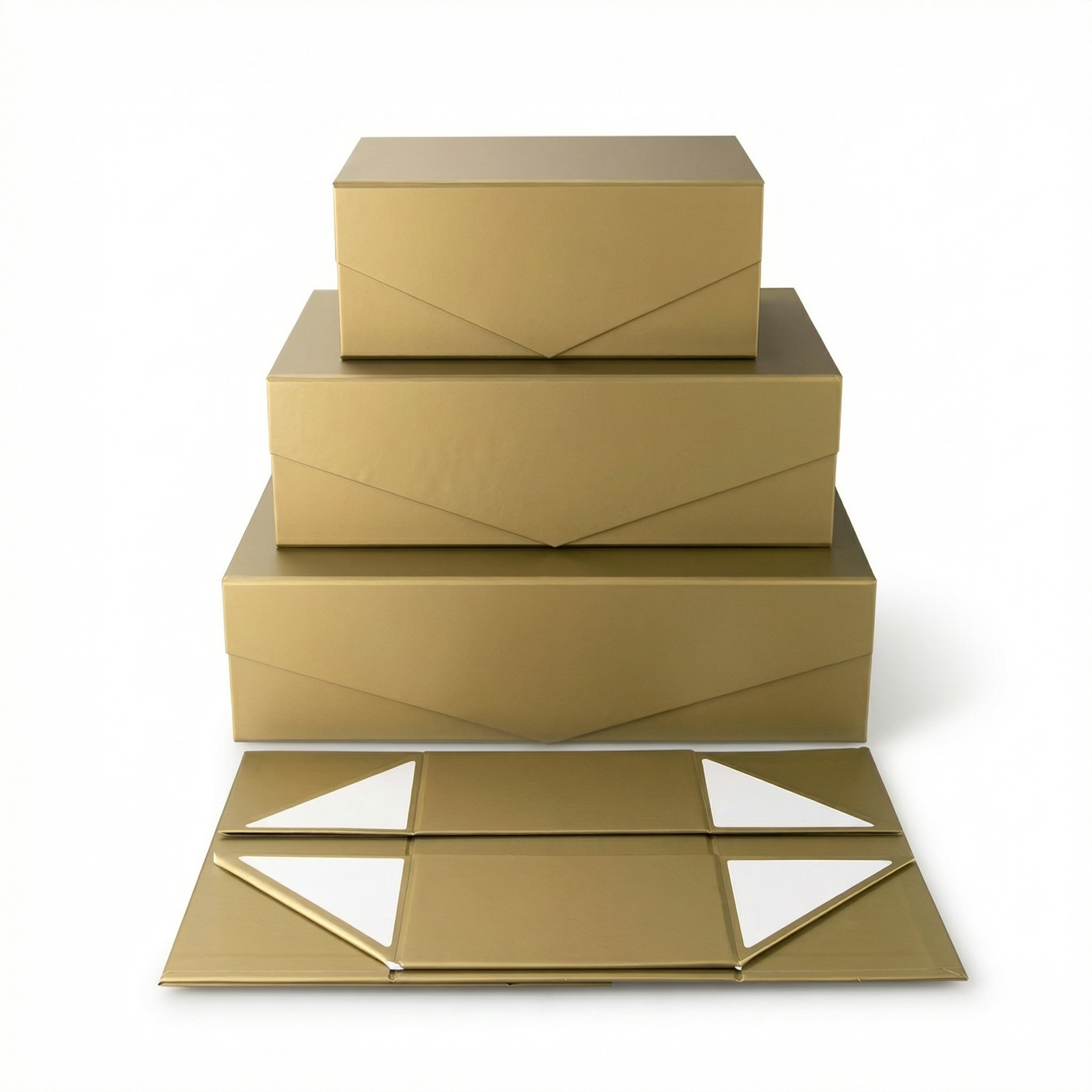 Gold folding gift boxes shown stacked with flat panels