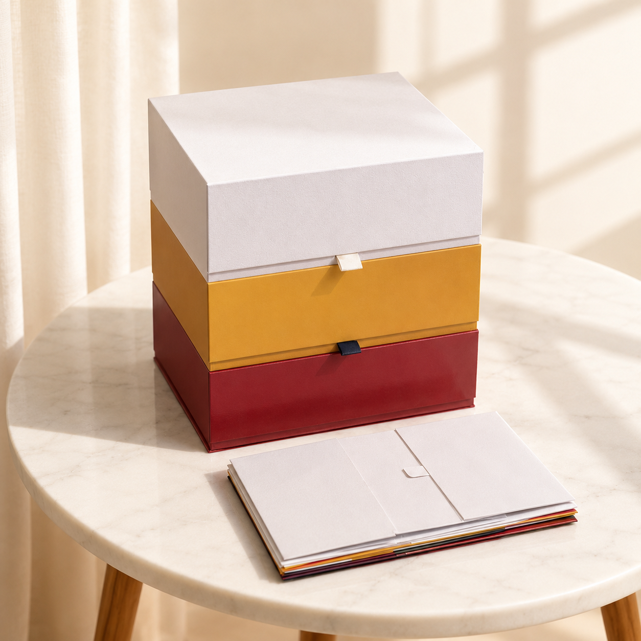 Color options for foldable rigid gift boxes with flat-pack panels