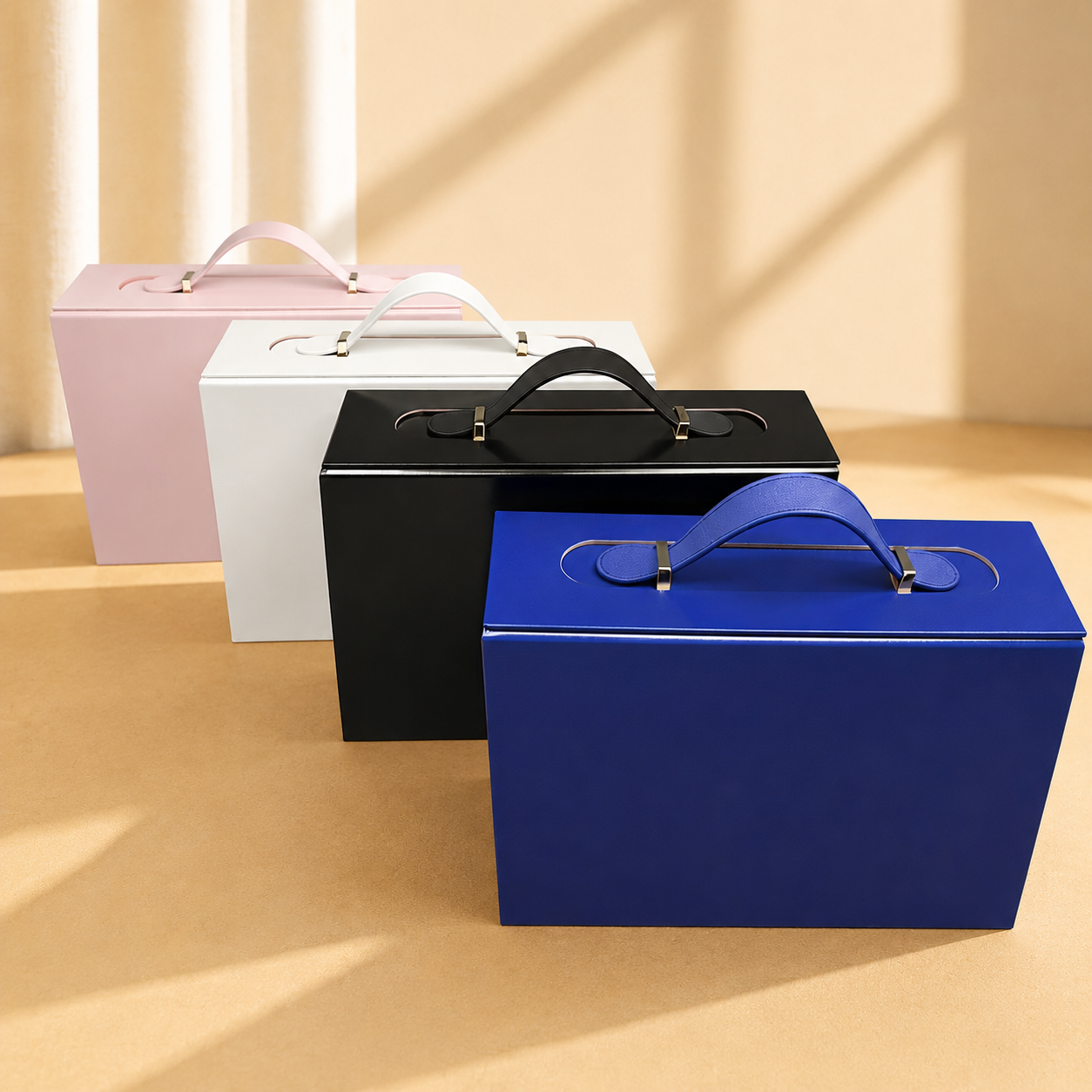 Handled magnetic gift boxes for corporate gifts and branded product kits