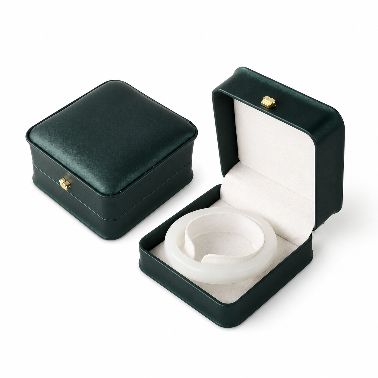 Dark green bracelet jewelry box shown open