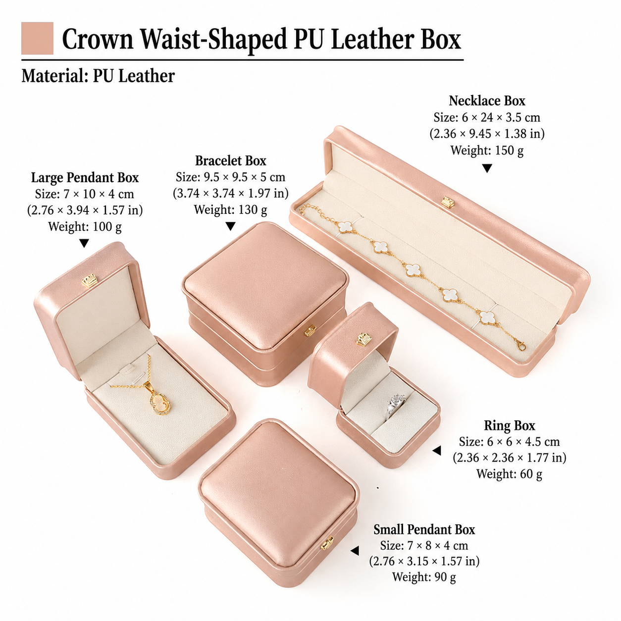 Champagne crown-shaped jewelry box set with dimensions