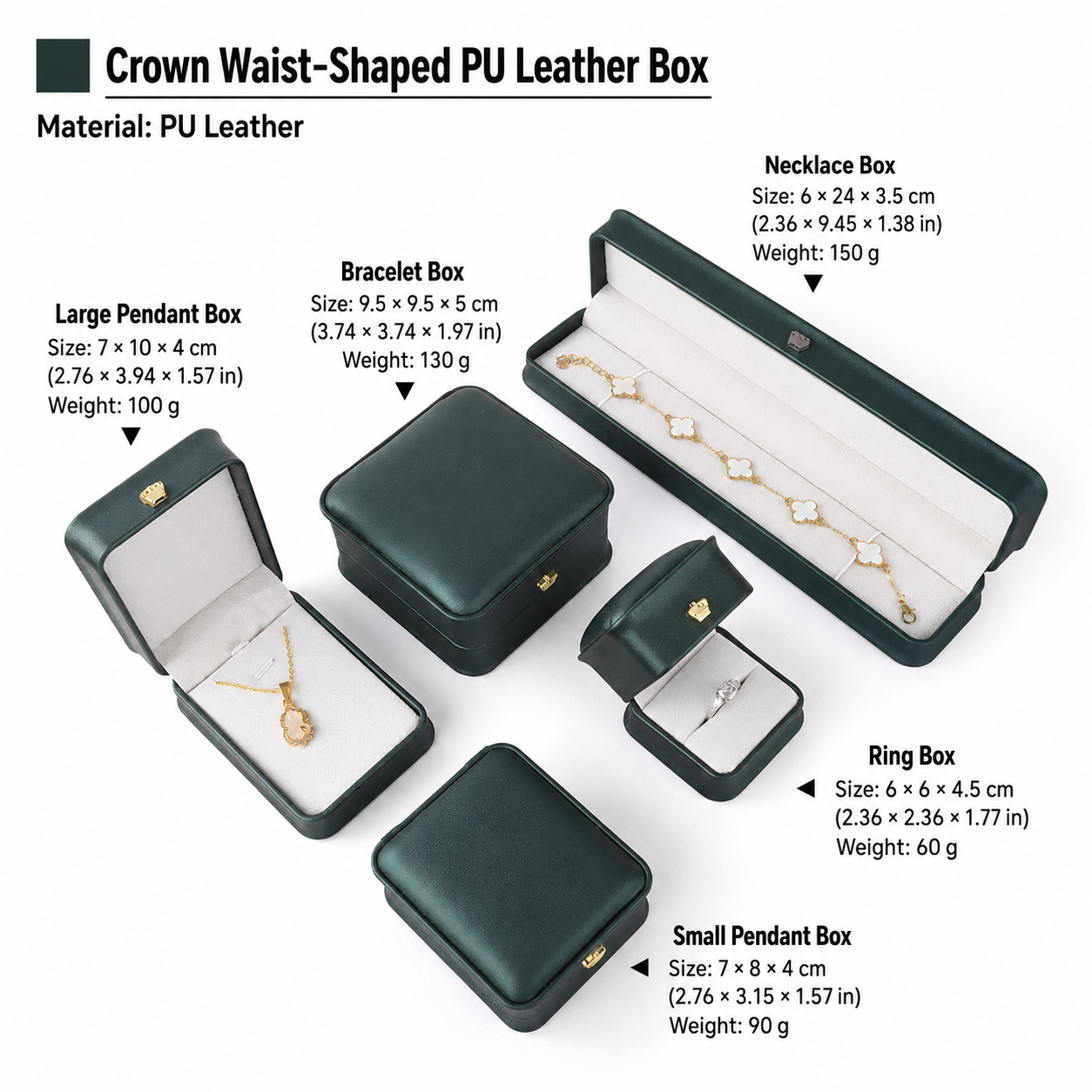 Dark green crown-shaped jewelry box set with dimensions