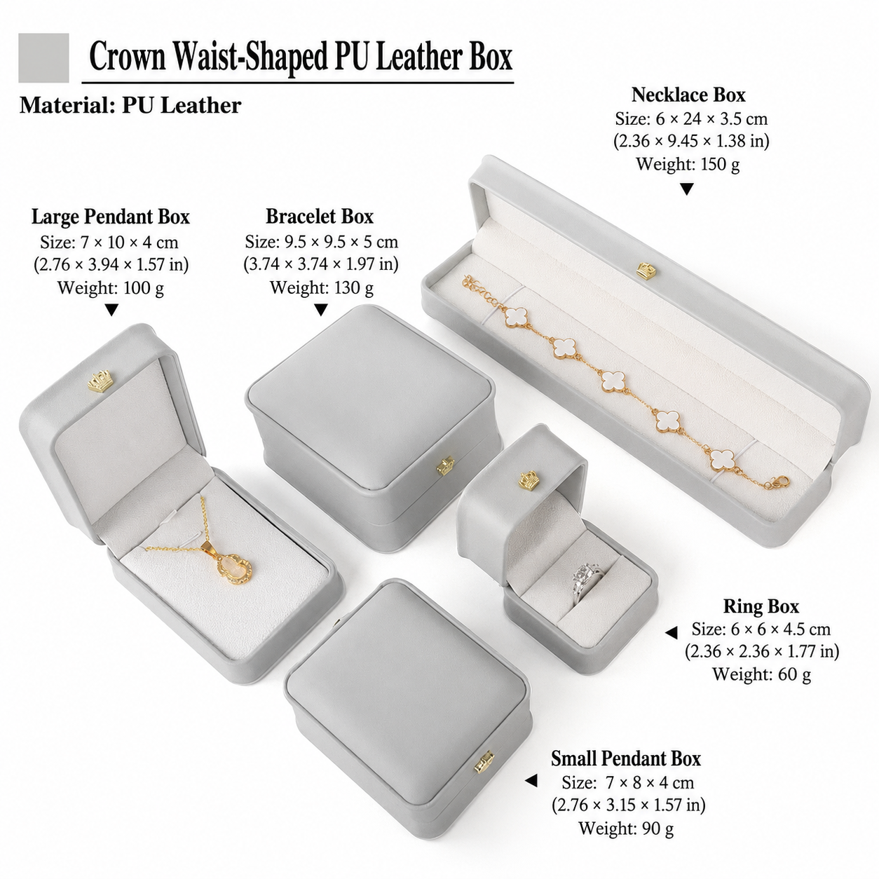 Light gray crown-shaped jewelry box set with dimensions