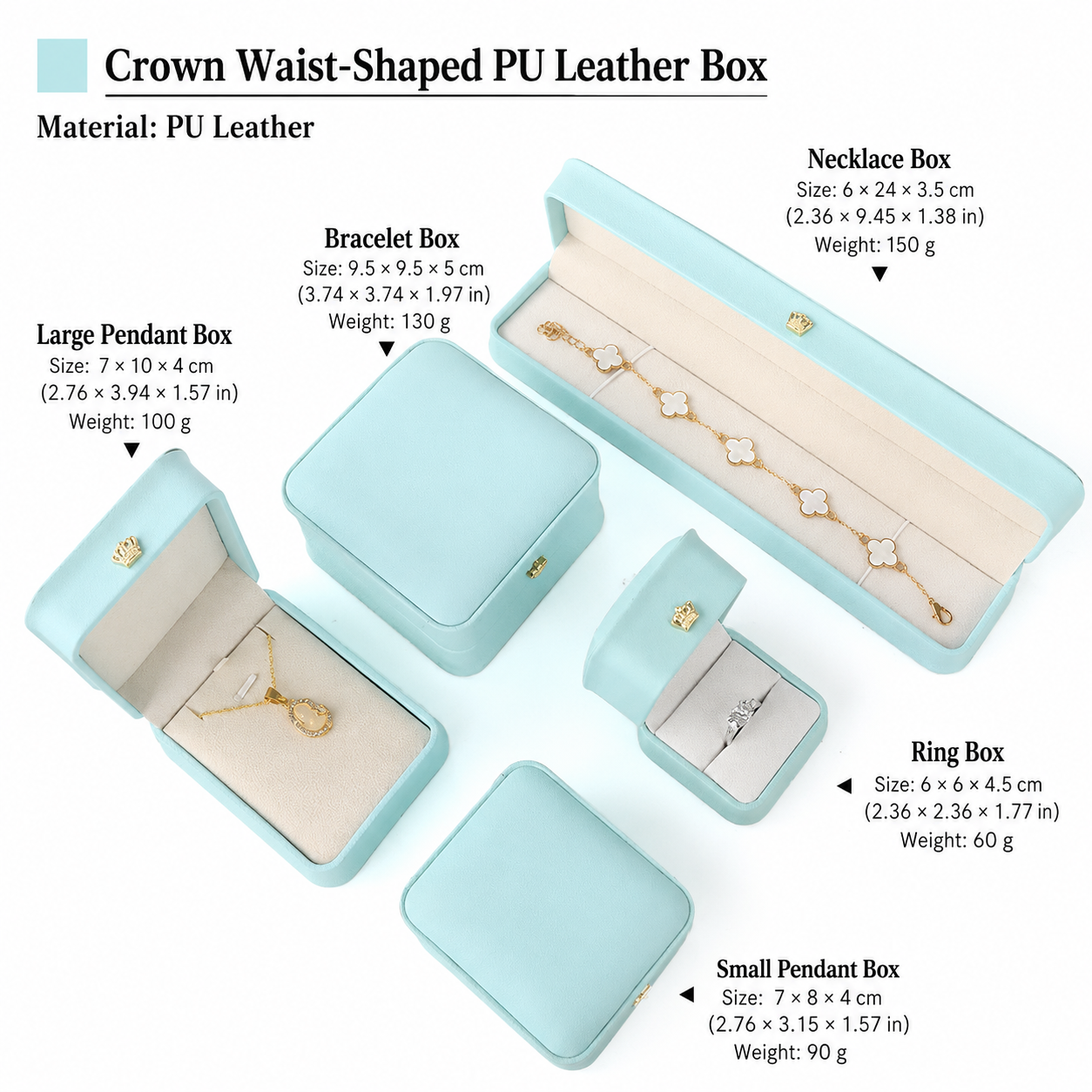 Mint green crown-shaped jewelry box set with dimensions