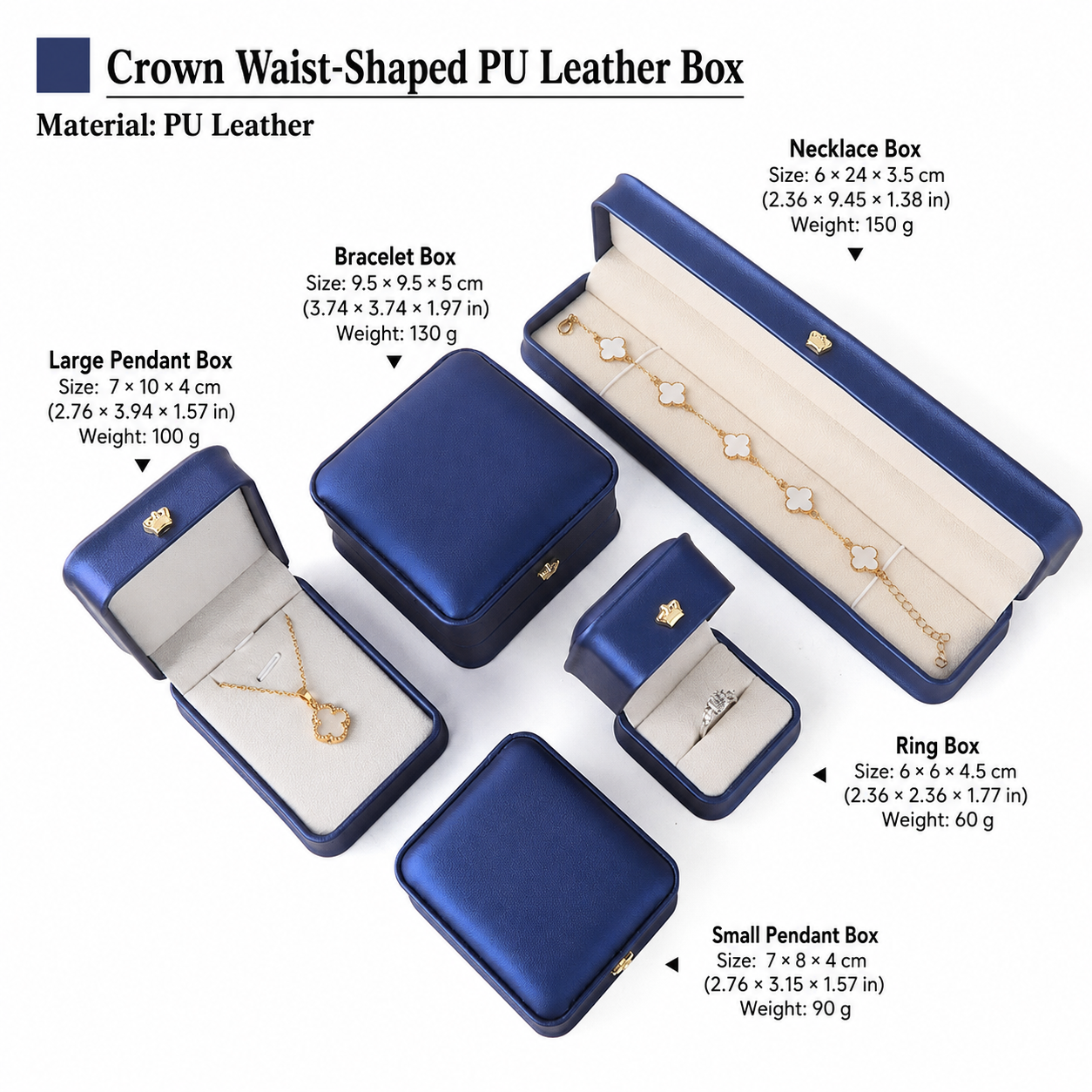 Navy blue crown-shaped jewelry box set with dimensions