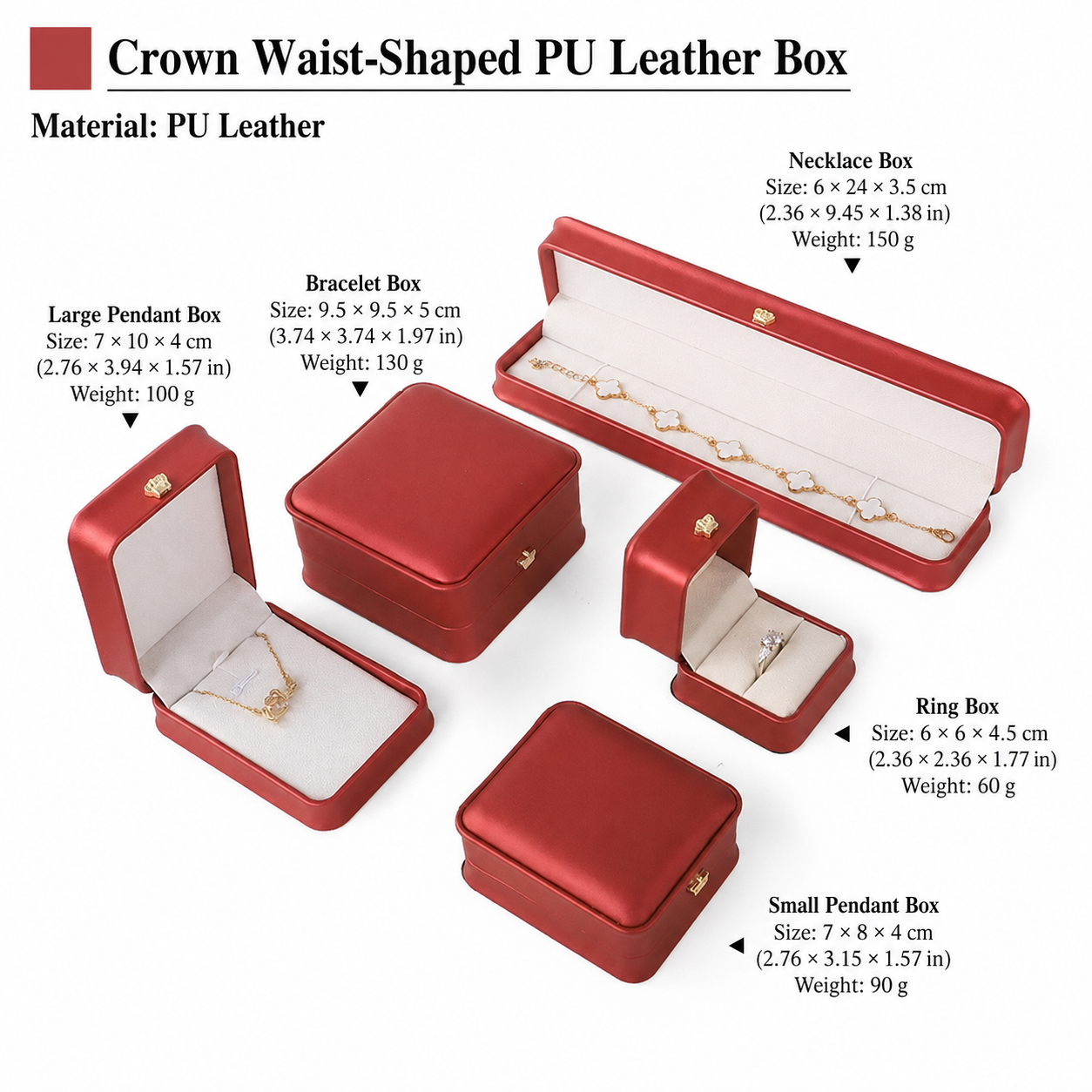 Red crown-shaped jewelry box set with dimensions