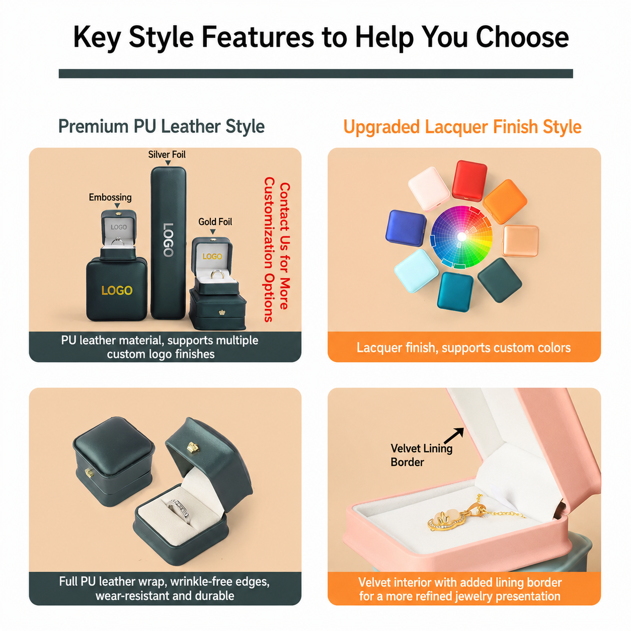 Crown-shaped jewelry box style and color feature chart