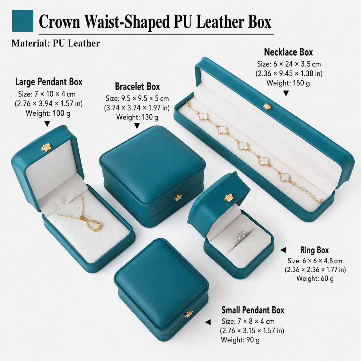 Teal crown-shaped jewelry box set with dimensions