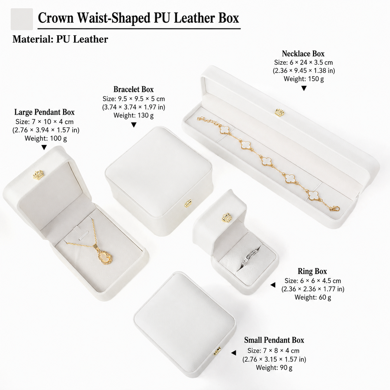 White crown-shaped jewelry box set with dimensions