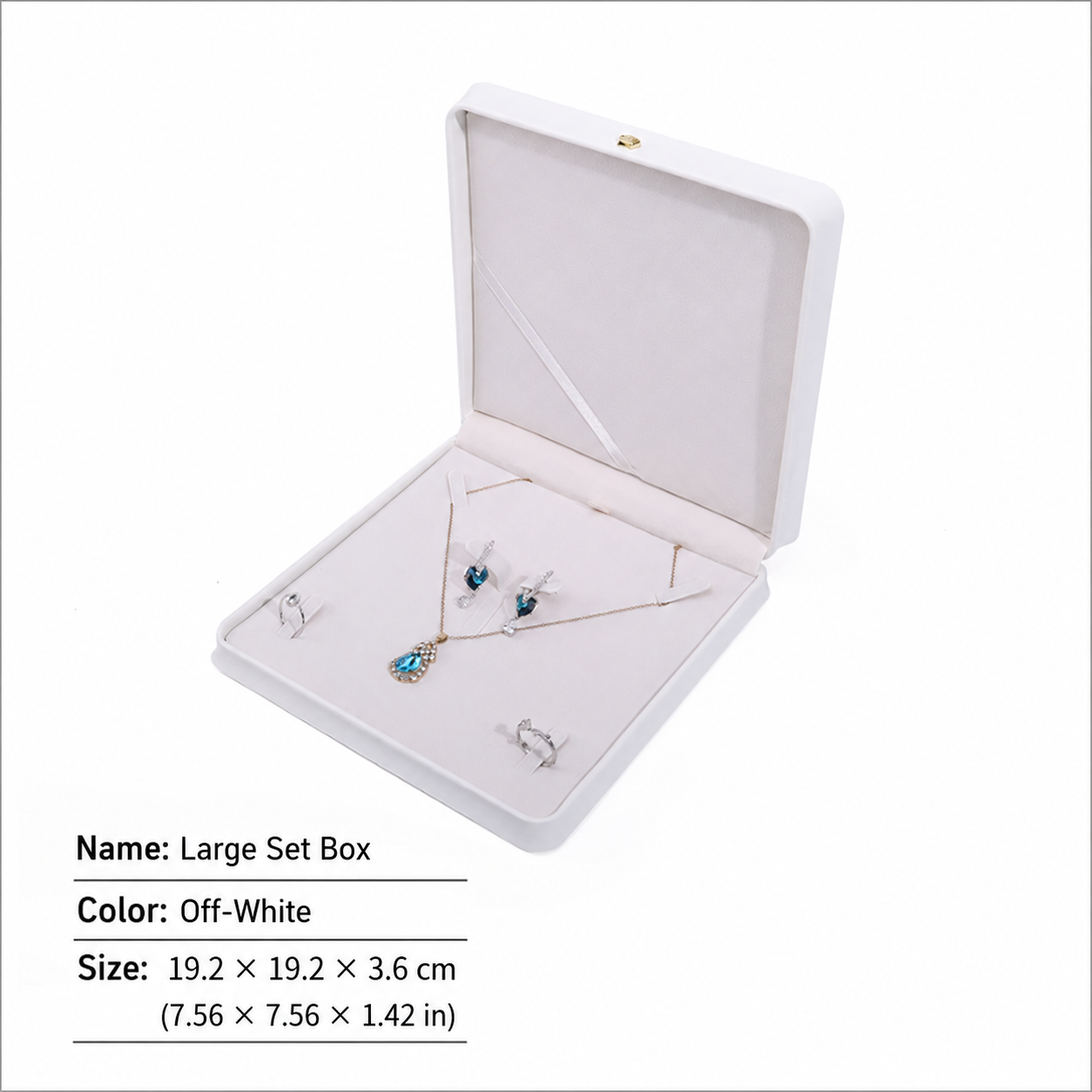 White large jewelry set box shown open with dimensions