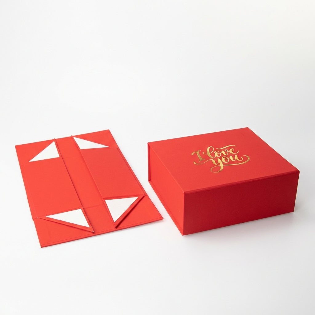 Red folding gift box shown open beside flat panels