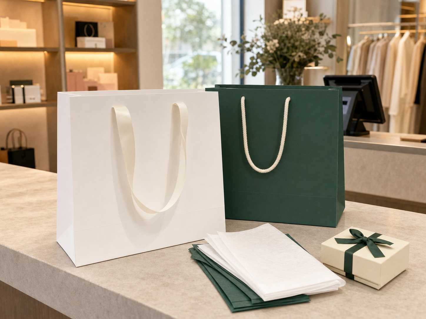 Boutique retail packaging scene with custom paper shopping bags and tissue paper