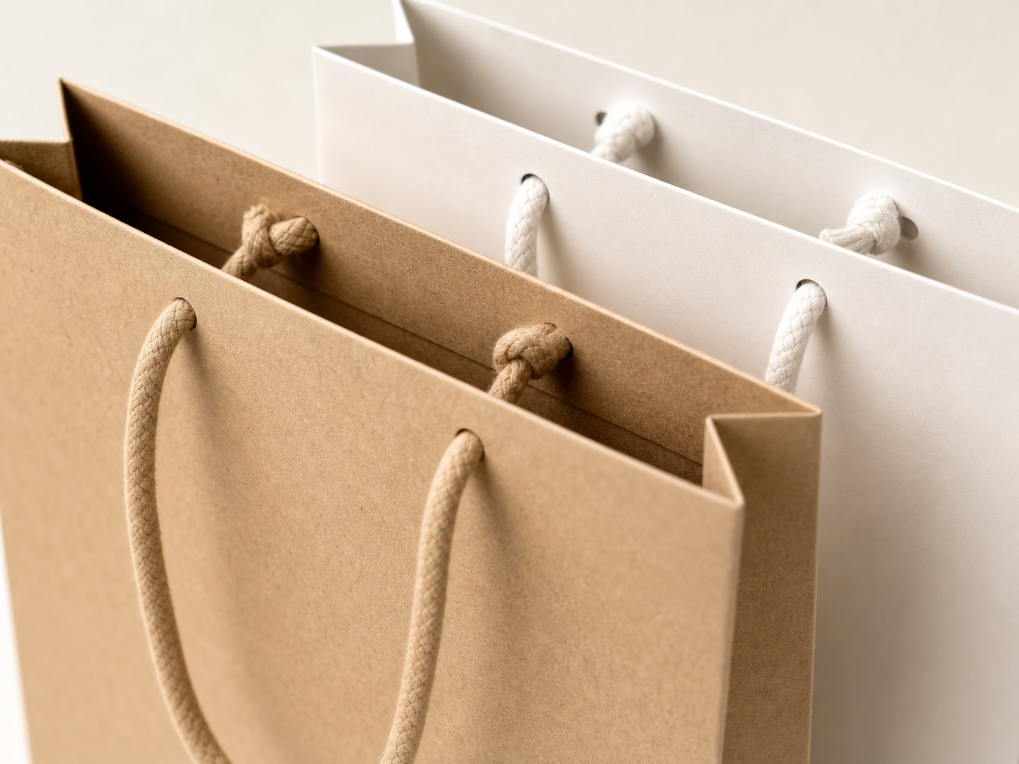 Close up of paper shopping bag rope handles and folded reinforced top edge