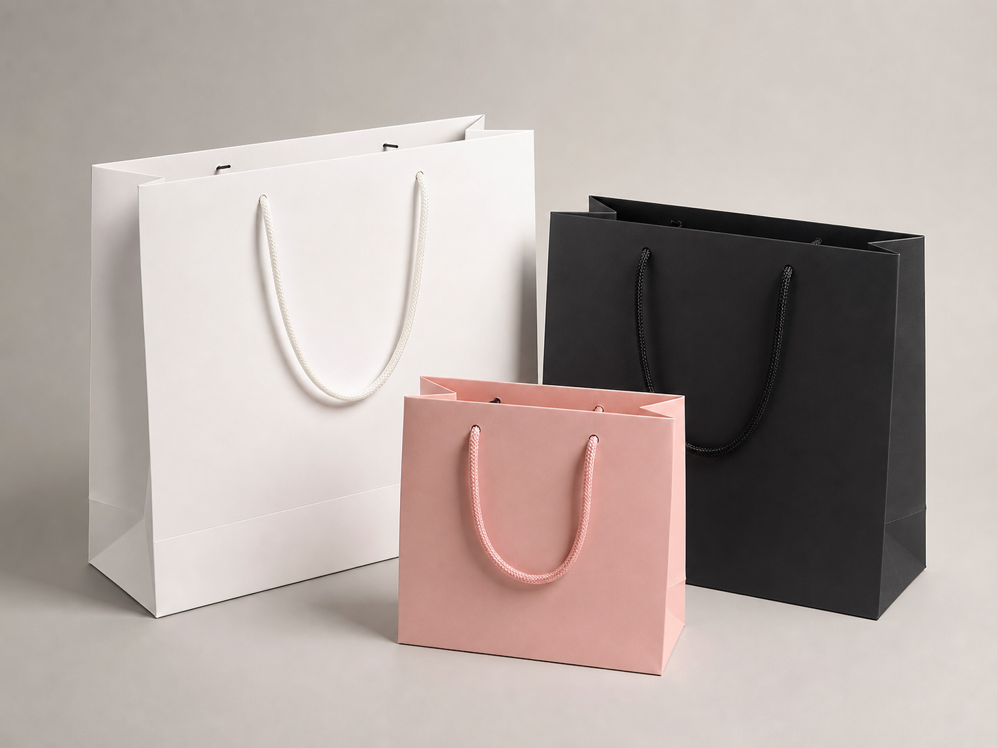 Custom paper shopping bags in white black and blush pink with rope handles