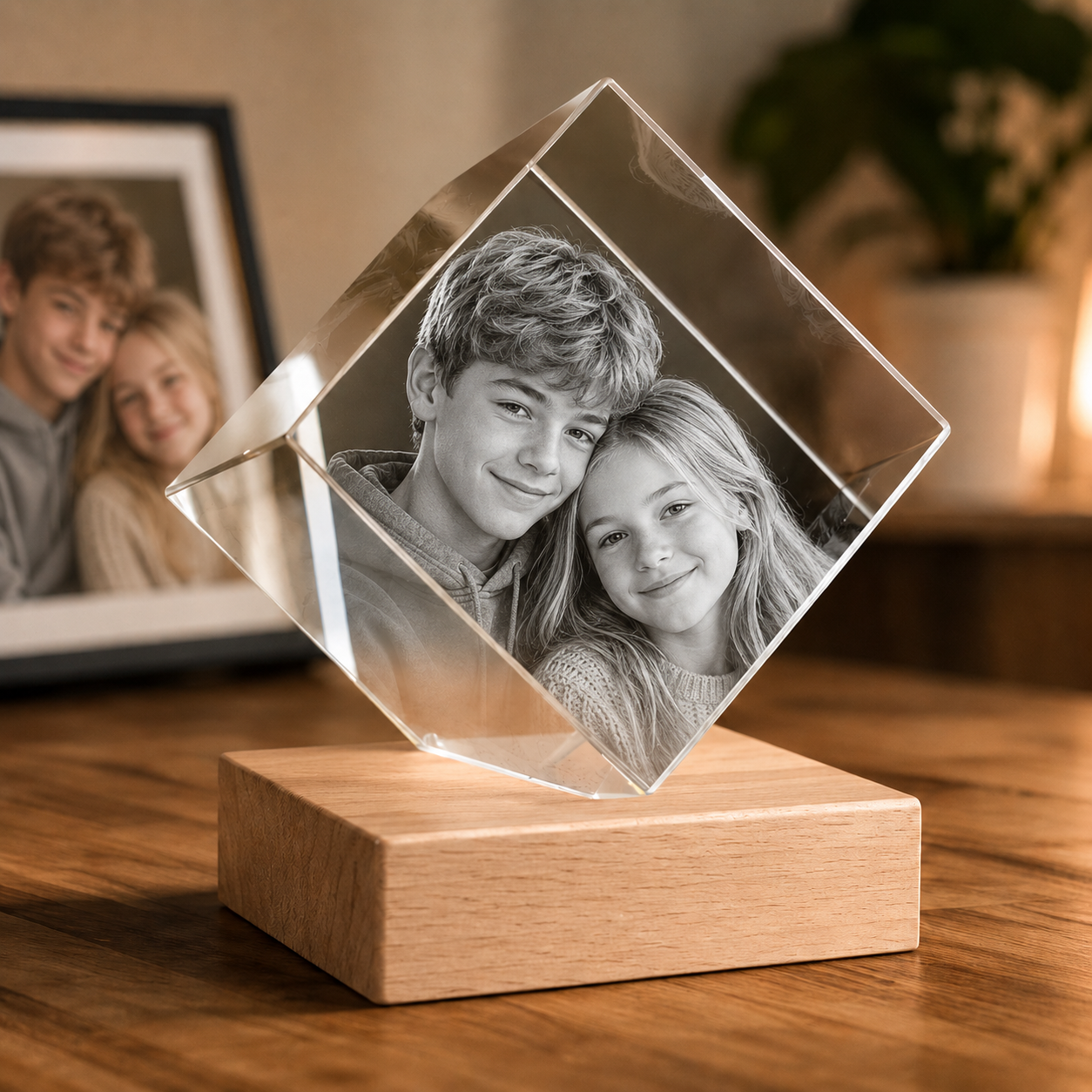 Diamond-shaped 3D crystal photo gift with LED light base
