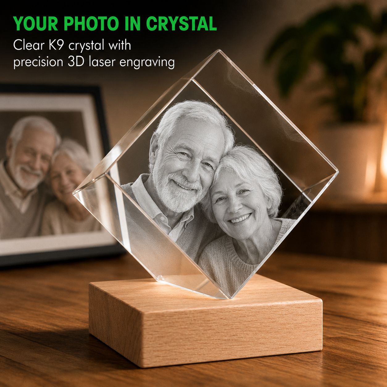 Diamond-shaped 3D crystal photo gift for grandparents memory