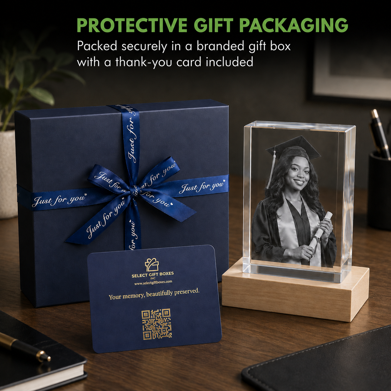 Diamond-shaped 3D crystal photo gift in premium gift box packaging