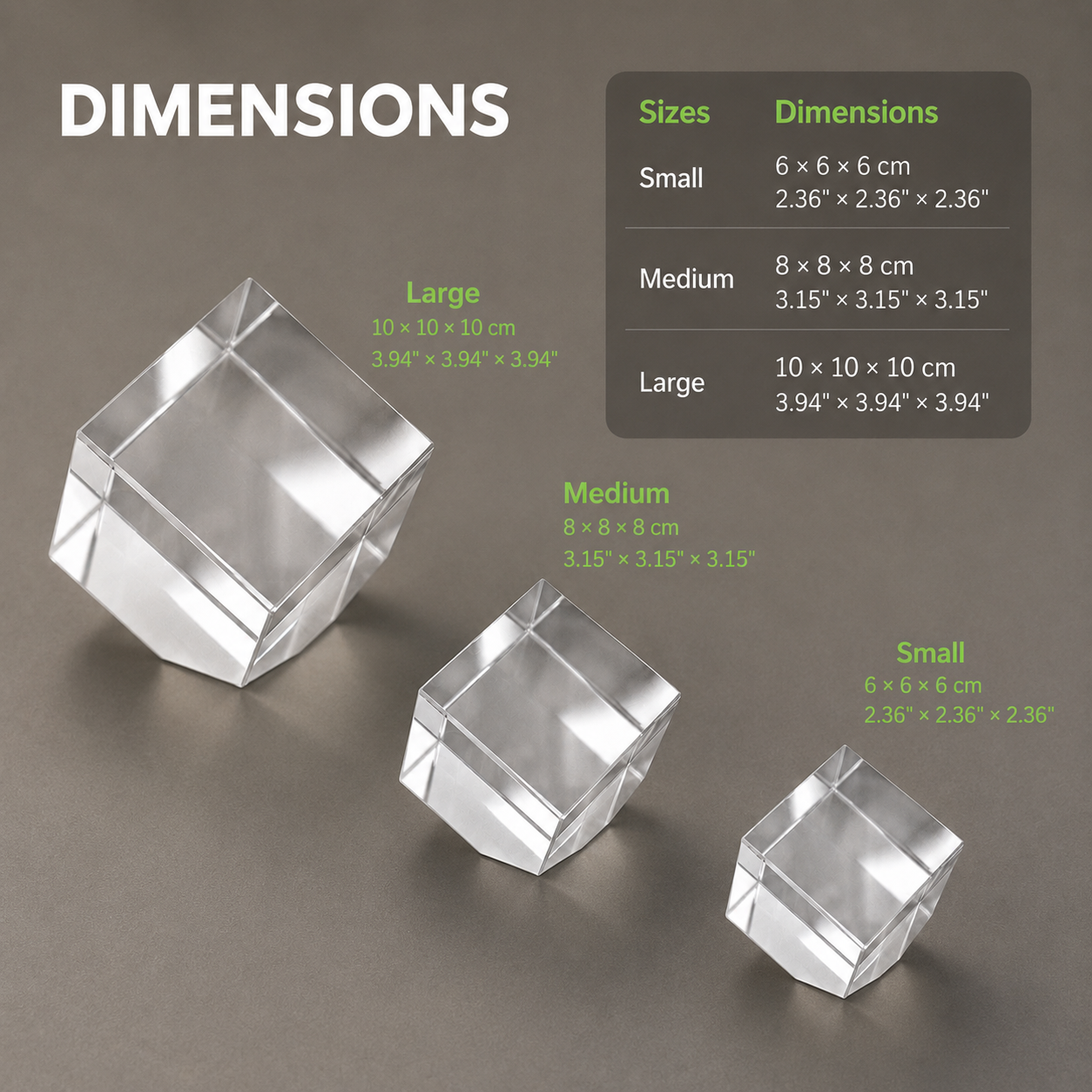 Diamond-shaped 3D crystal photo gift size chart and dimensions