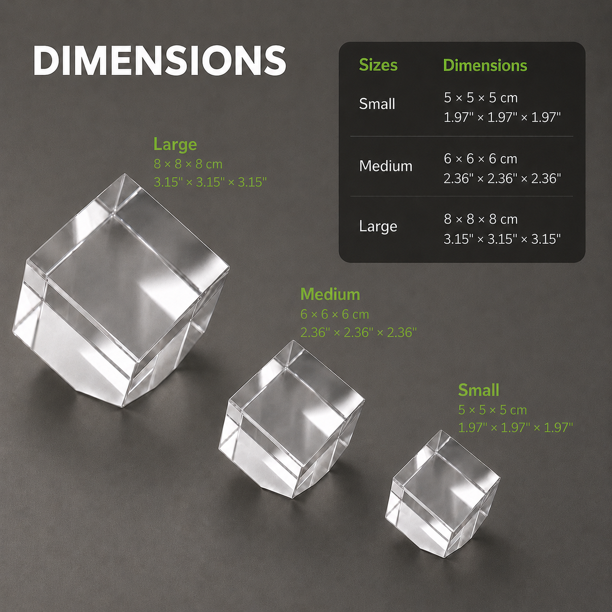 3D crystal diamond pressed-foot size chart showing small medium and large dimensions for personalized pet memorial gifts