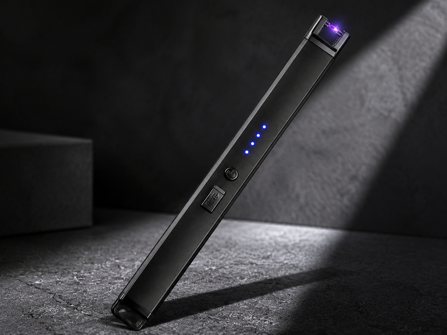 Sleek tactical black plasma arc lighter, windproof dual electric pulse for outdoor and home use.