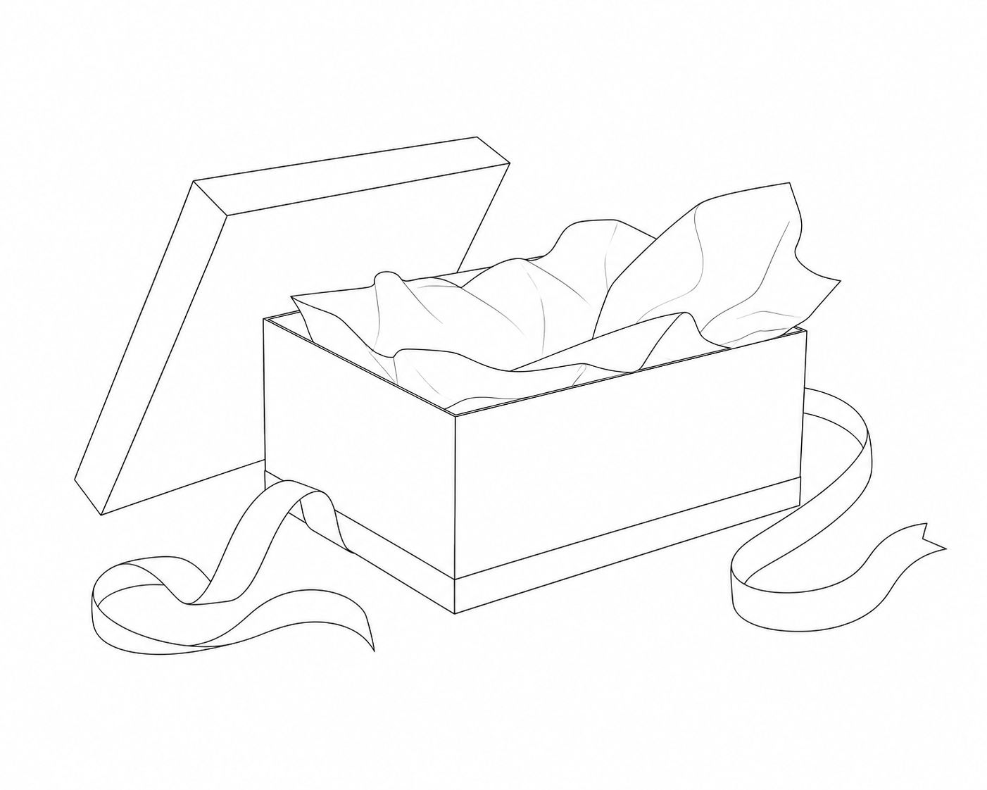 Line art sketch illustration of an elegant gift box with ribbon bow, minimalist outline style for premium gifting presentation.
