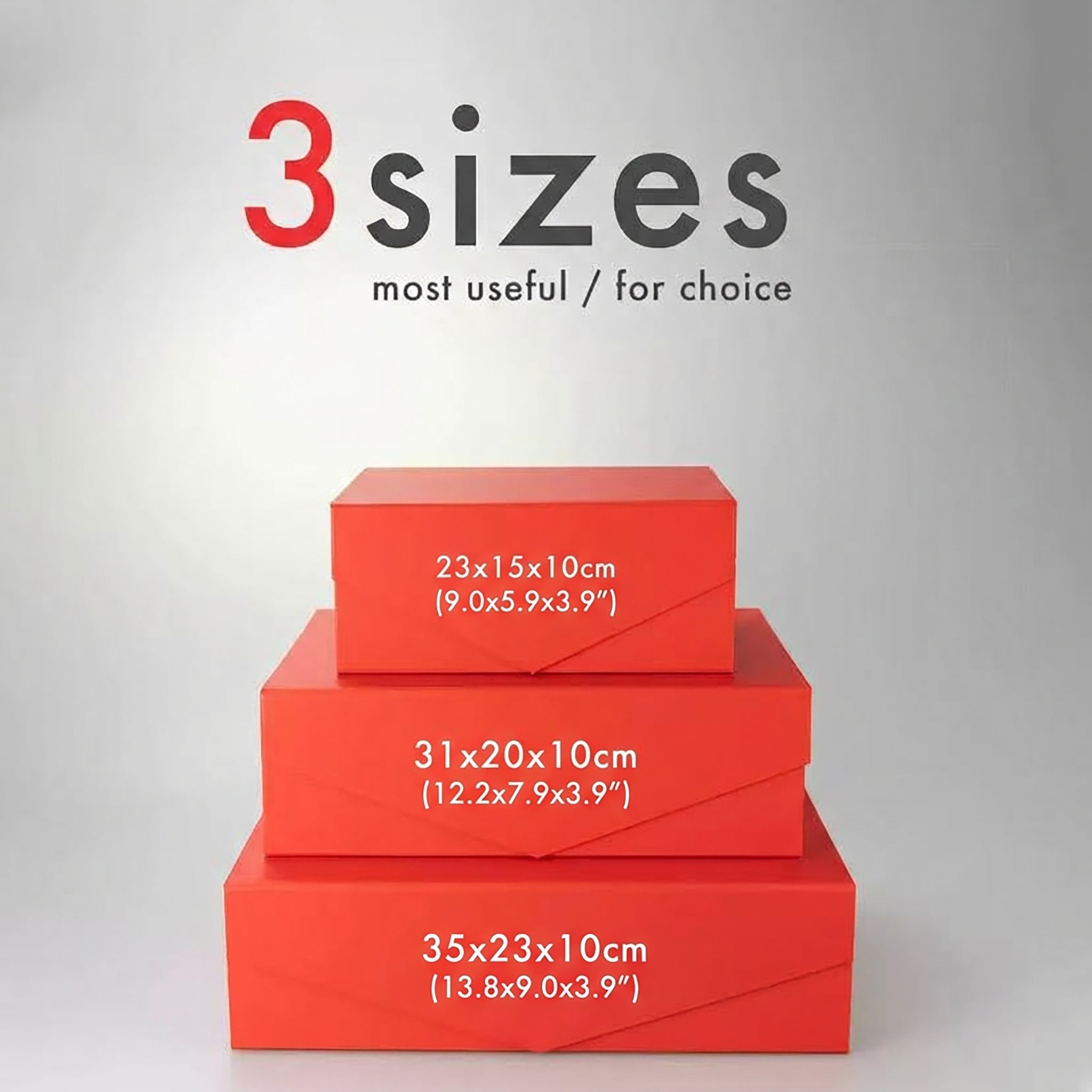 Red magnetic folding gift boxes in a three-size comparison