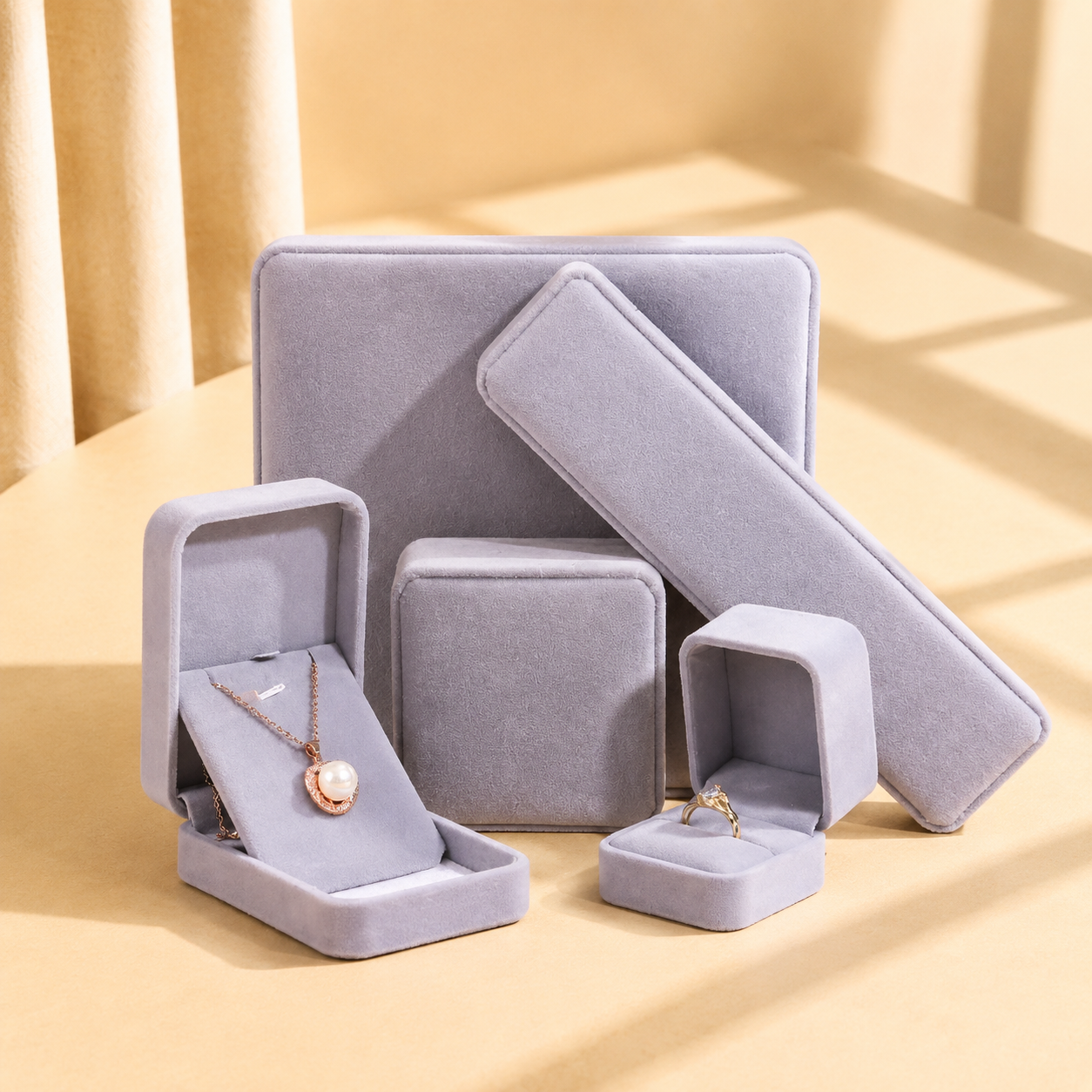 Gray velvet jewelry gift box set for rings necklaces and bracelets