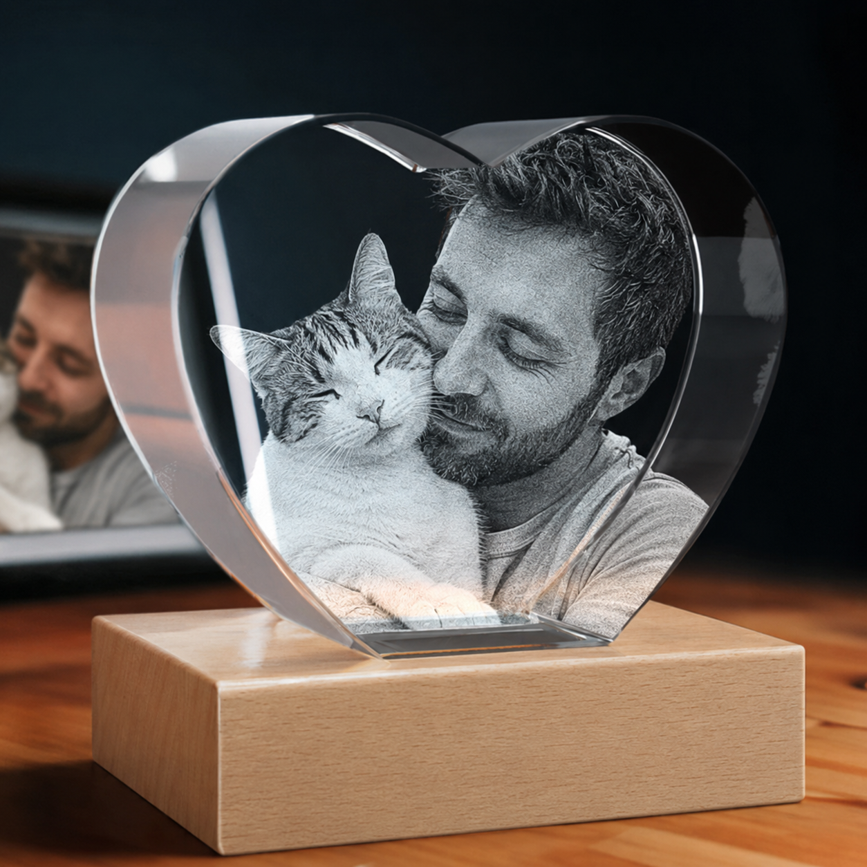 Heart-shaped 3D crystal photo gift for cat owner memory