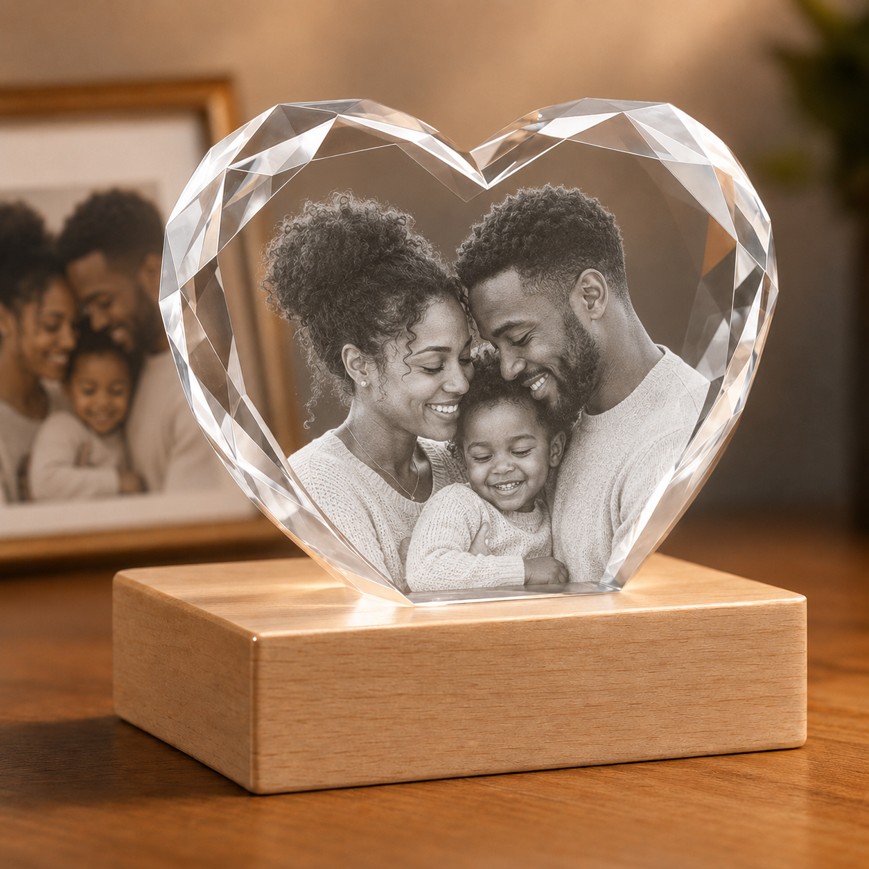 Heart-Shaped 3D Crystal Photo Gift for Family with LED Base