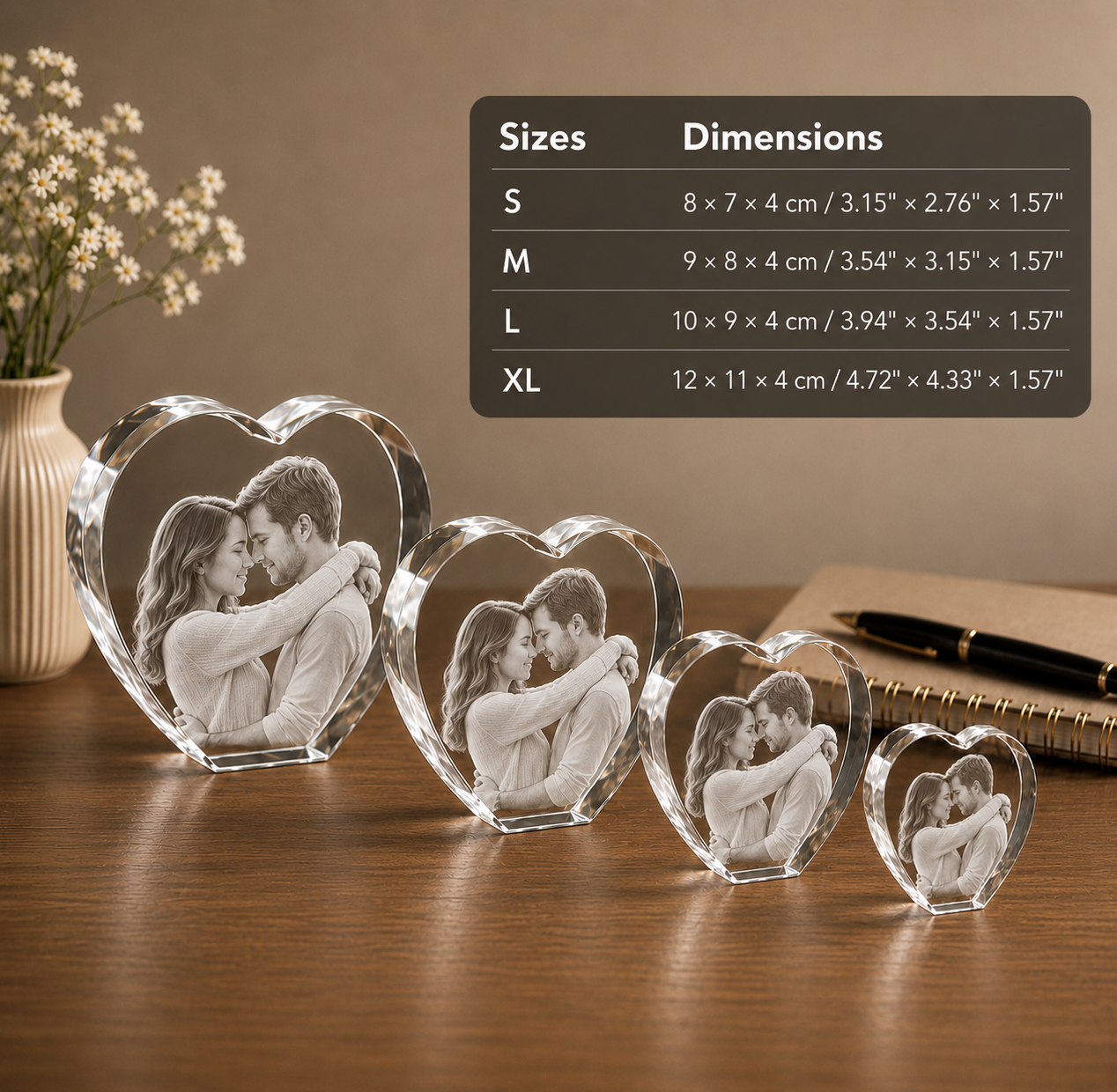 Heart-shaped 3D crystal photo gift size chart and dimensions